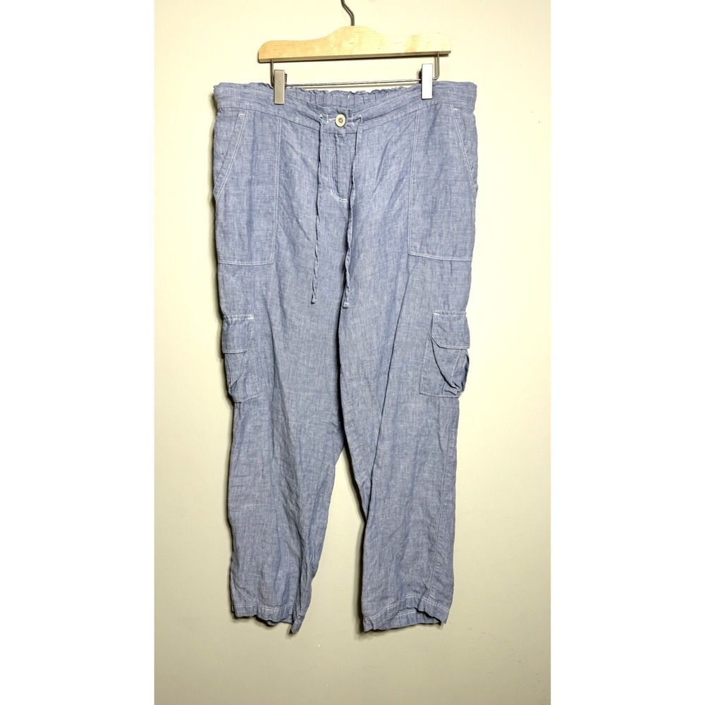 Tommy Bahama Linen Cargo Pants Womens Medium M Blue Drawstring Capri Cropped